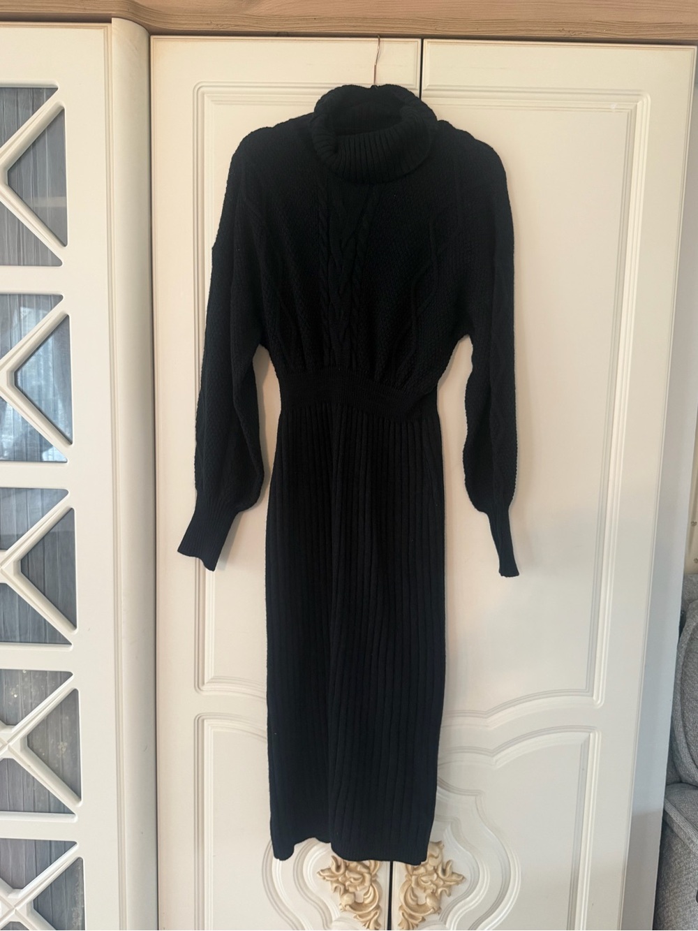 Black Turtleneck Ribbed Knit Midi Dress - Women
